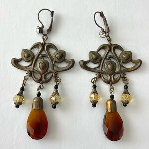 Large Vintage Art Deco Czech Amber & Yellow Glass Bead & Brass Dangle Earrings